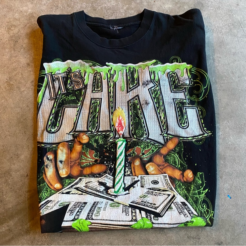 Vintage Y2K Money Cake Rap Trap T-Shirt Double Sided Neon Graphic Streetwear XXL
